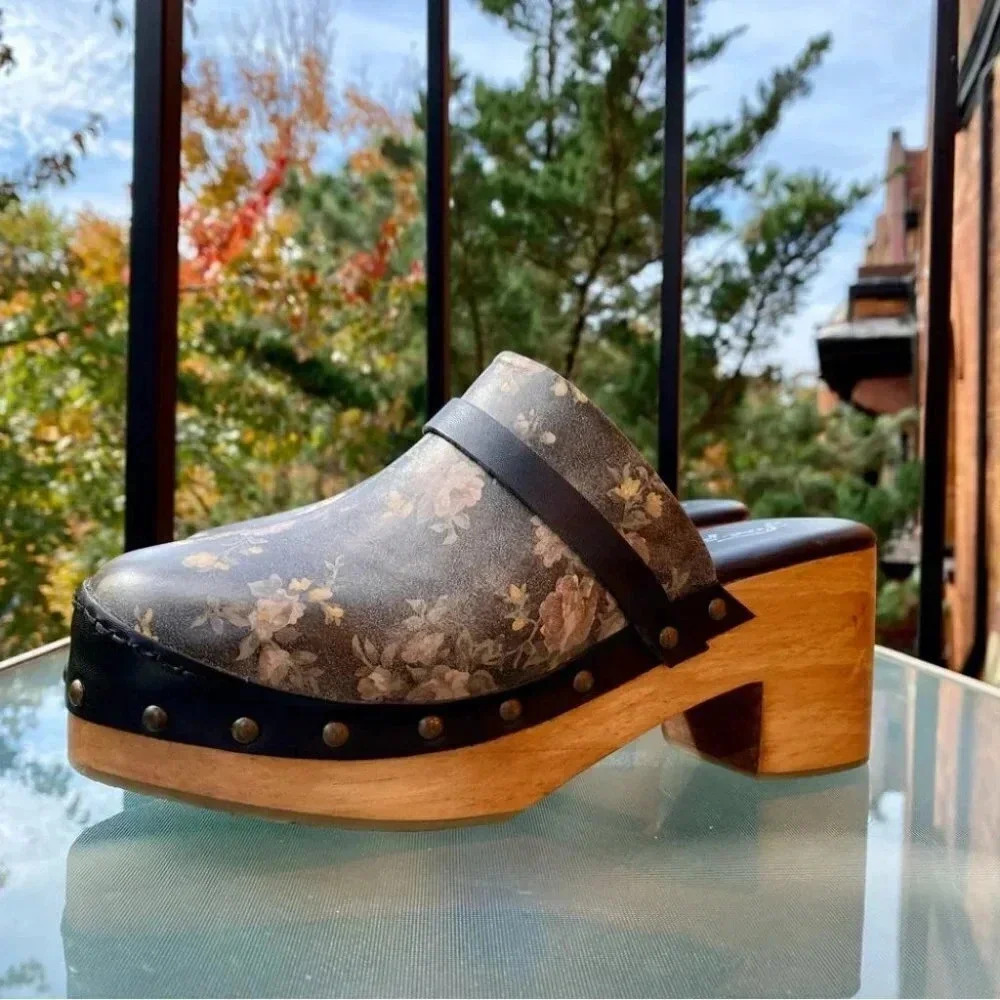 New Free People Calabasas Floral Wooden Clogs Black Womens 7 - Picture 12 of 15